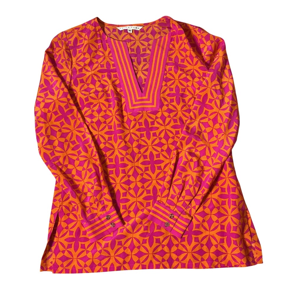 Trina Turk Geometric Silk Tunic Women Medium Orange Pink Mod V-Neck Long Sleeve